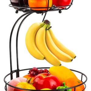 Auledio Iron 2-Tier Countertop Fruit Vegetables Basket Bowl Storage With Banana Hanger, Black, 64 ounces